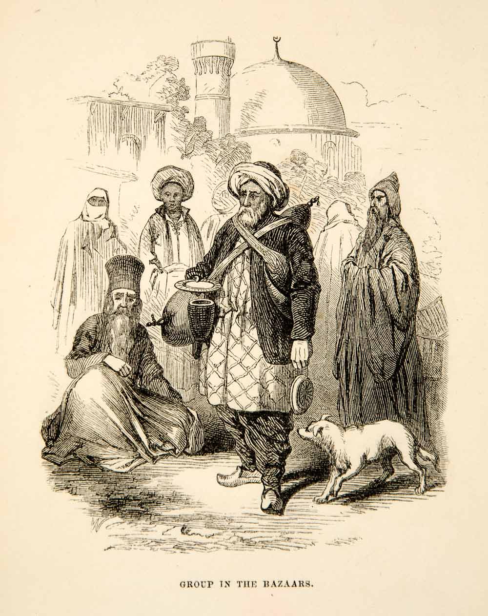 1858 Wood Engraving Bazaar Middle East Costume Dog Market Native Turban XGAD4