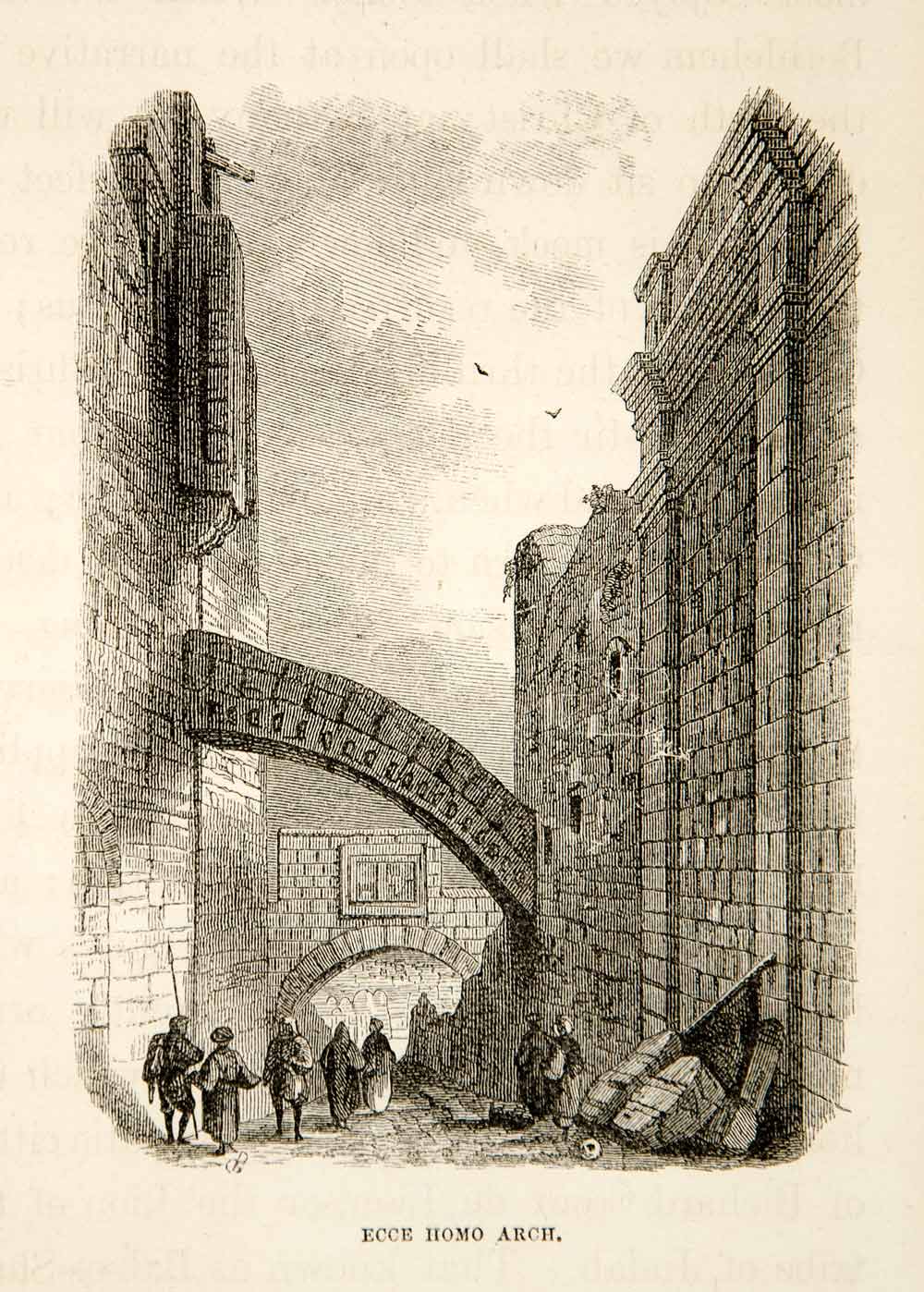 1858 Wood Engraving Ecce Homo Arch Via Dolorosa Religious Roman Jerusalem XGAD4