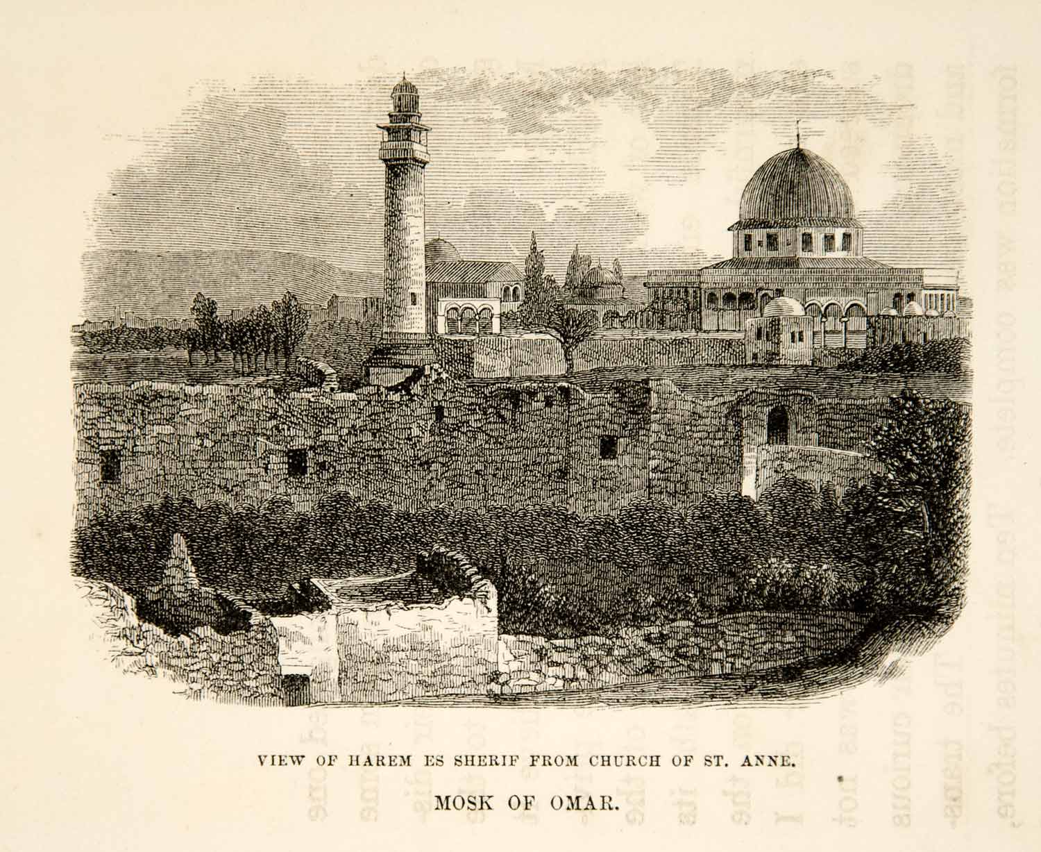 1858 Wood Engraving Mosque Omar Jerusalem Temple Mount Haram Ash-Sharif XGAD4