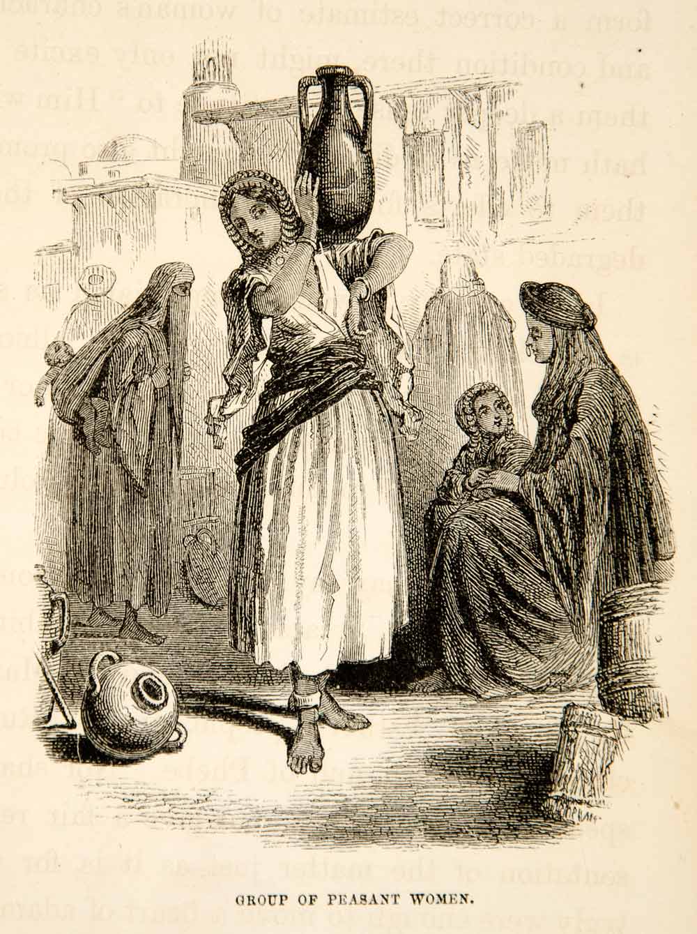 1858 Wood Engraving Fellah Peasant Woman Dress Barefoot Vase Costume XGAD4