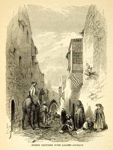1858 Wood Engraving Art City Street Middle East Camel Arabic Animal Donkey XGAD7