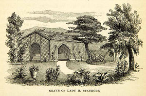 1858 Wood Engraving Art Lady Hester Stanhope Lebanon Middle East Grave XGAD7
