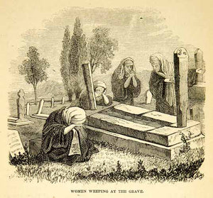 1858 Wood Engraving Art Arabic Women Graveyard Tombstone Middle