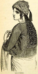 1858 Wood Engraving Art Arab Woman Headdress Scarf Clothing Middle East XGAD7