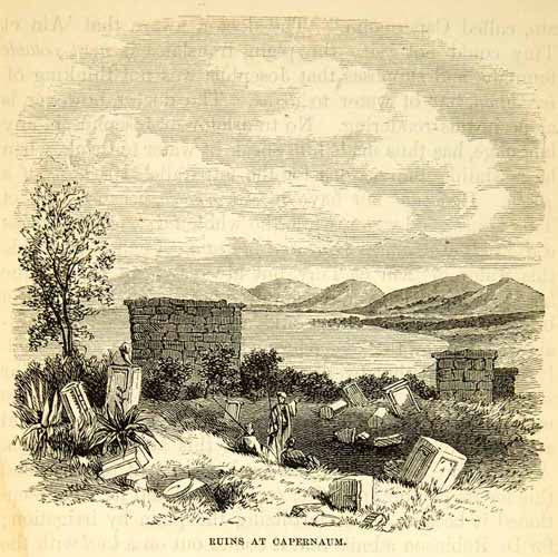 1858 Wood Engraving Art Archaeology Ruins Capernaum Israel Middle East XGAD7