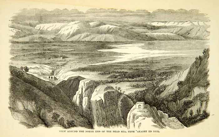1858 Wood Engraving Art Dead Sea Jordan Rift Valley Moab Mountains XGAD7