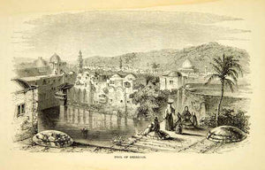 1858 Wood Engraving Art Hezekiahs Pool Old City Jerusalem Israel Middle XGAD7