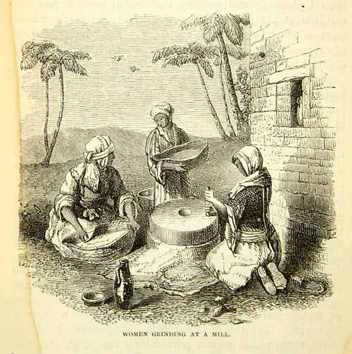 1858 Wood Engraving Art Women Grinding Flour Mill Middle East Domestic XGAD7