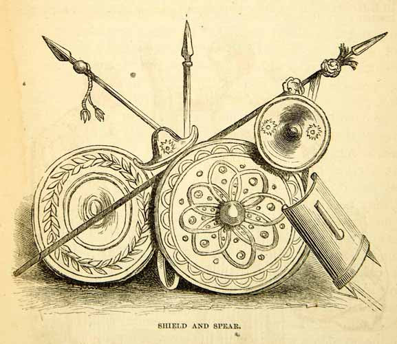 1858 Wood Engraving Art Arab Shield Spear Military Weapons Middle East XGAD7