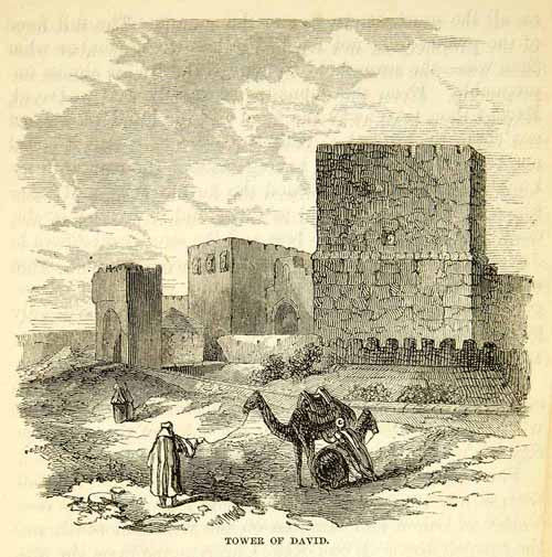 1858 Wood Engraving Art Tower David Citadel Jaffa Gate Jerusalem Israel XGAD7
