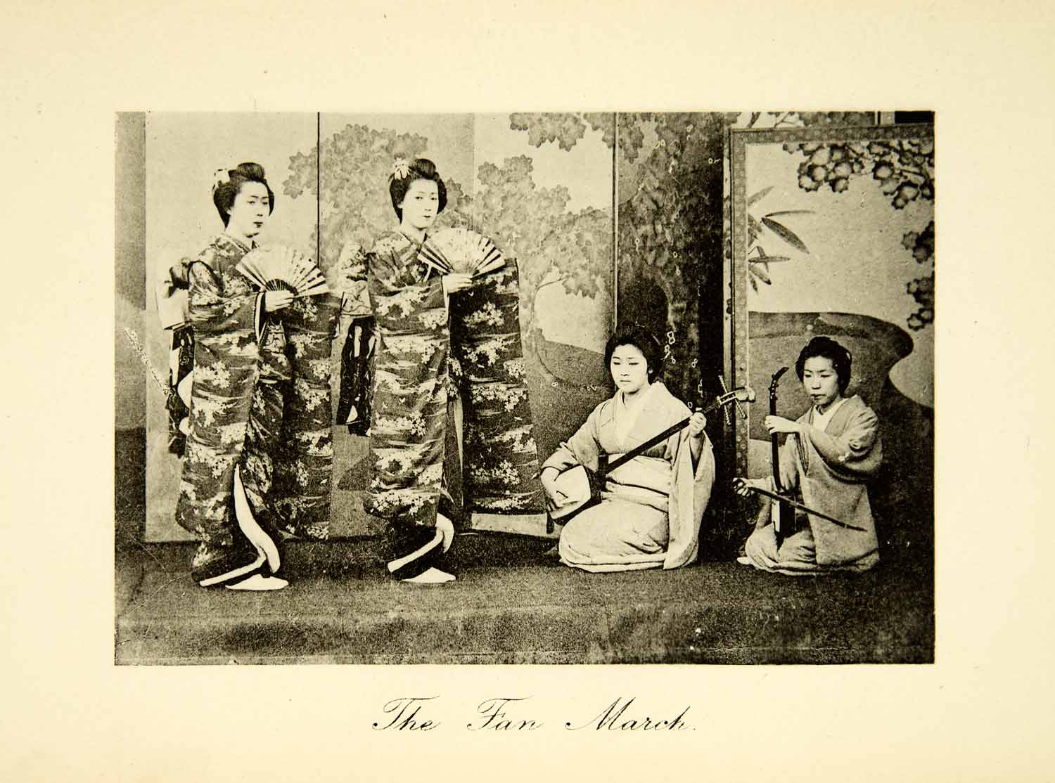 1893 Photogravure Fan March Japanese Traditional Kimono Shamisen Kokyu XGAE2