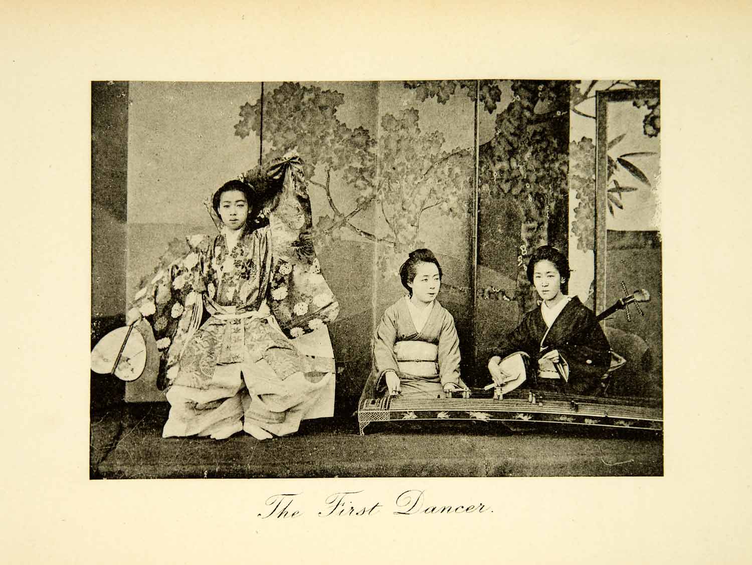 1893 Photogravure Fan Dancer Shamisen Koto Zither Kimono Japanese XGAE2