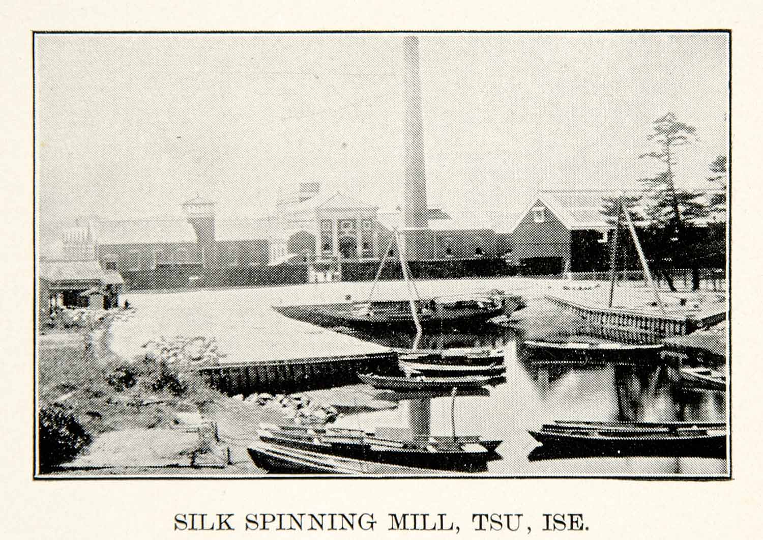 1900 Print Silk Spinning Mill Tsu Ise Japan Factory River Boat Historical XGAE6