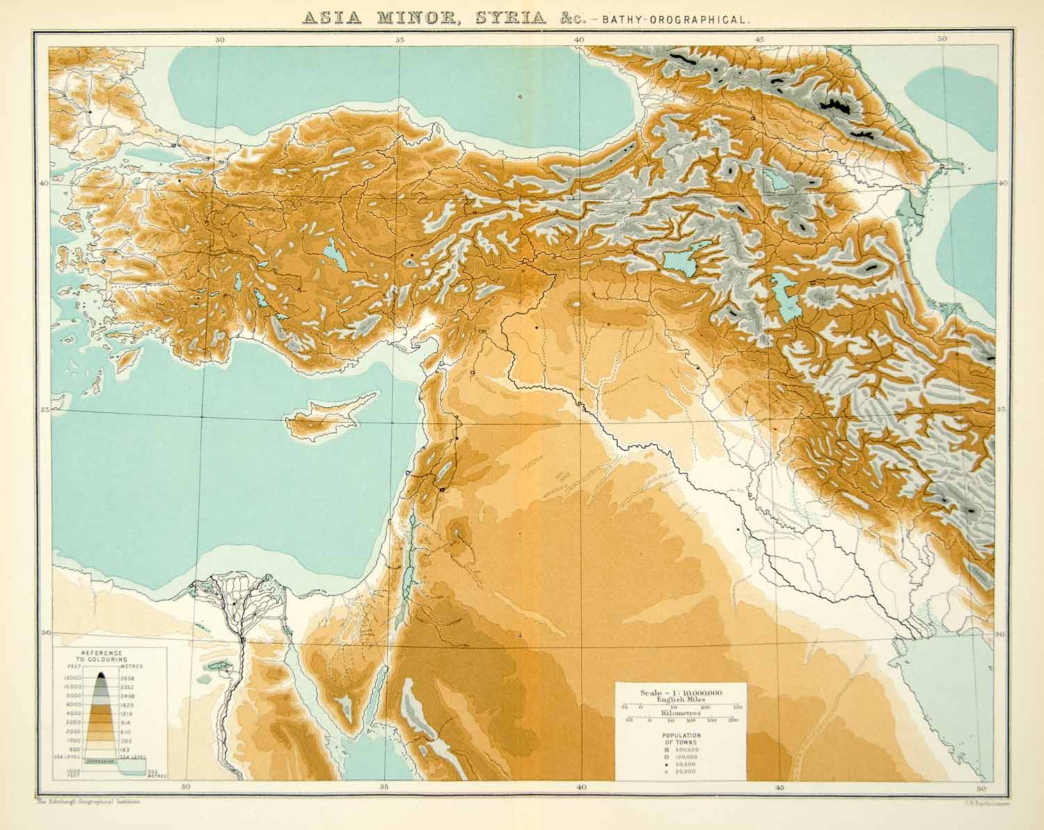 1902 Photolithograph Map Asia Minor Syria Bathyorographical Elevation XGAE8