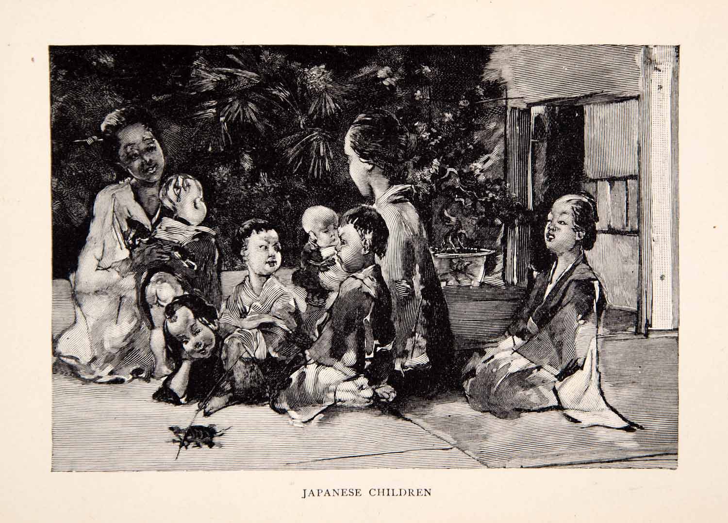 1902 Wood Engraving Japanese Children Mother Ethnic Family Baby Native Kid XGAF2