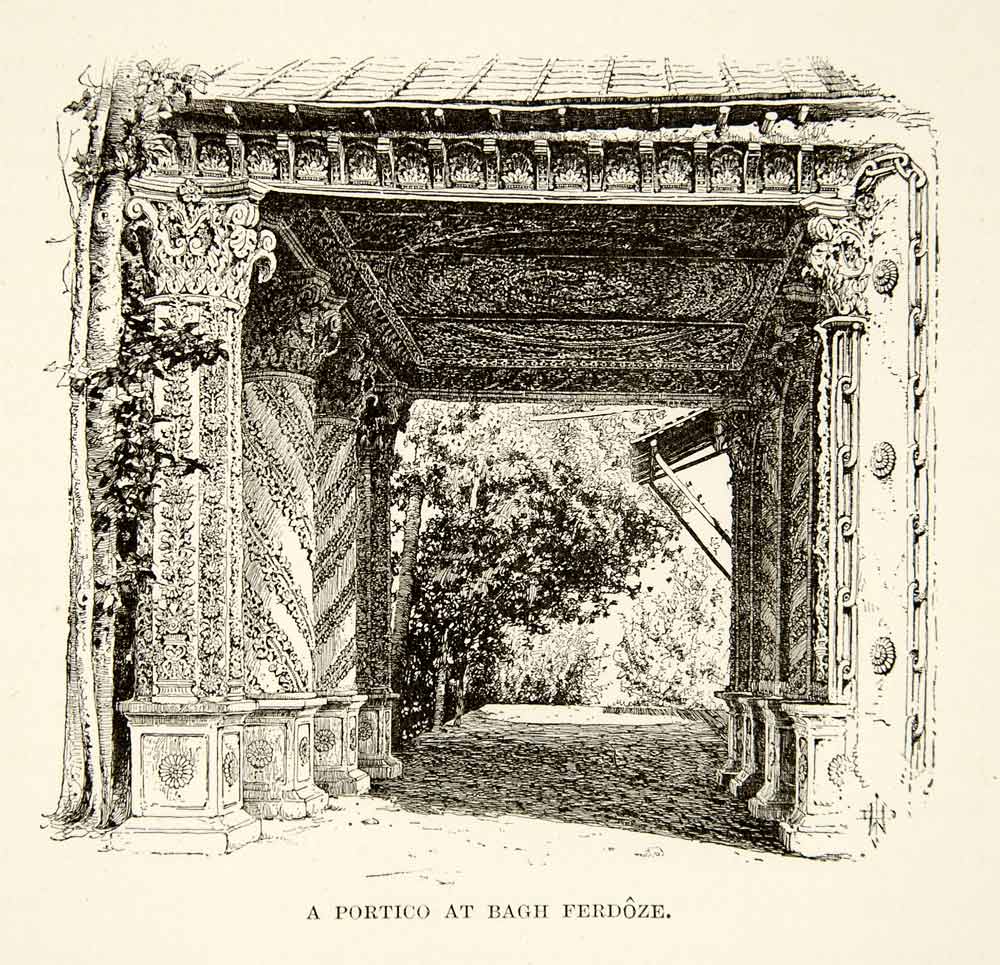 1886 Print Portico Shimran Bagh Ferdoze Gardens Column Corinthian XGAF5