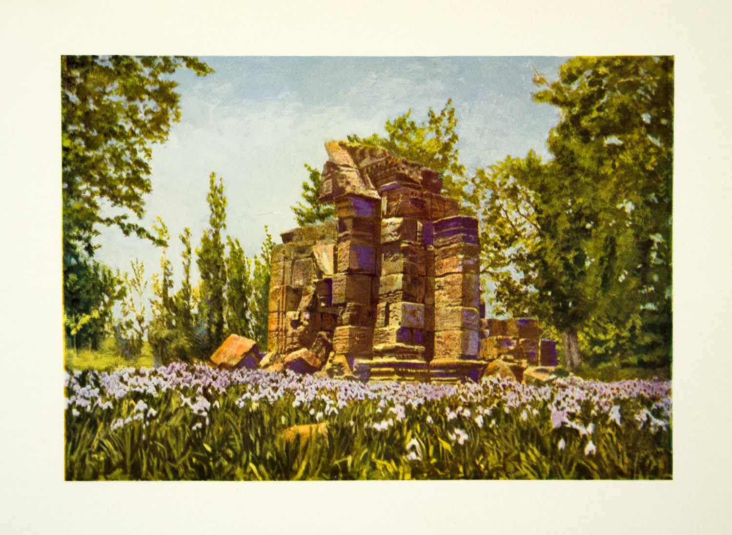 1915 Color Print Temple Ruins Patan Gujarat India Historical Flowers XGAF6
