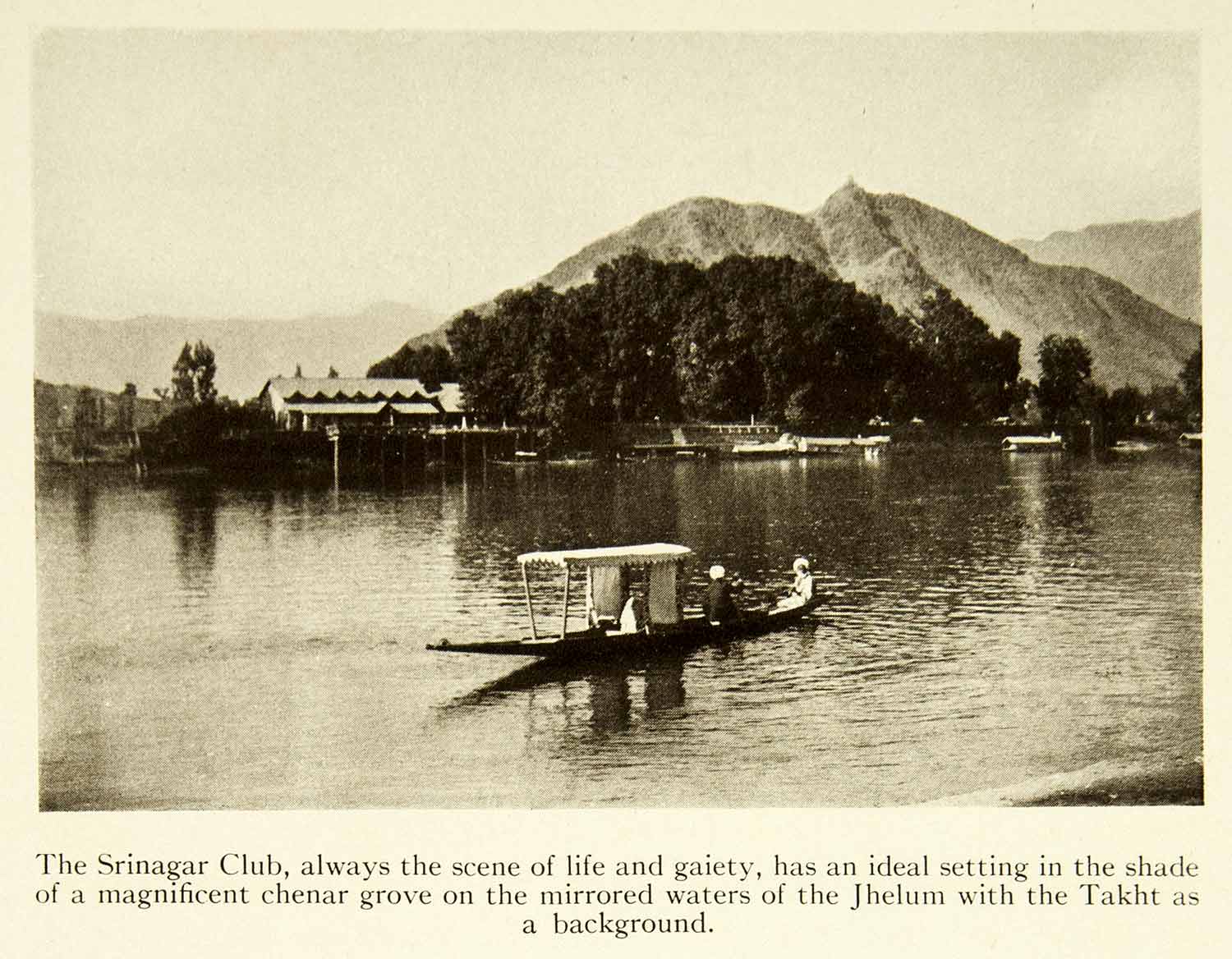 1915 Print Srinagar Club Jhelum Takht Lake Barge Boat Landscape Vale XGAF6