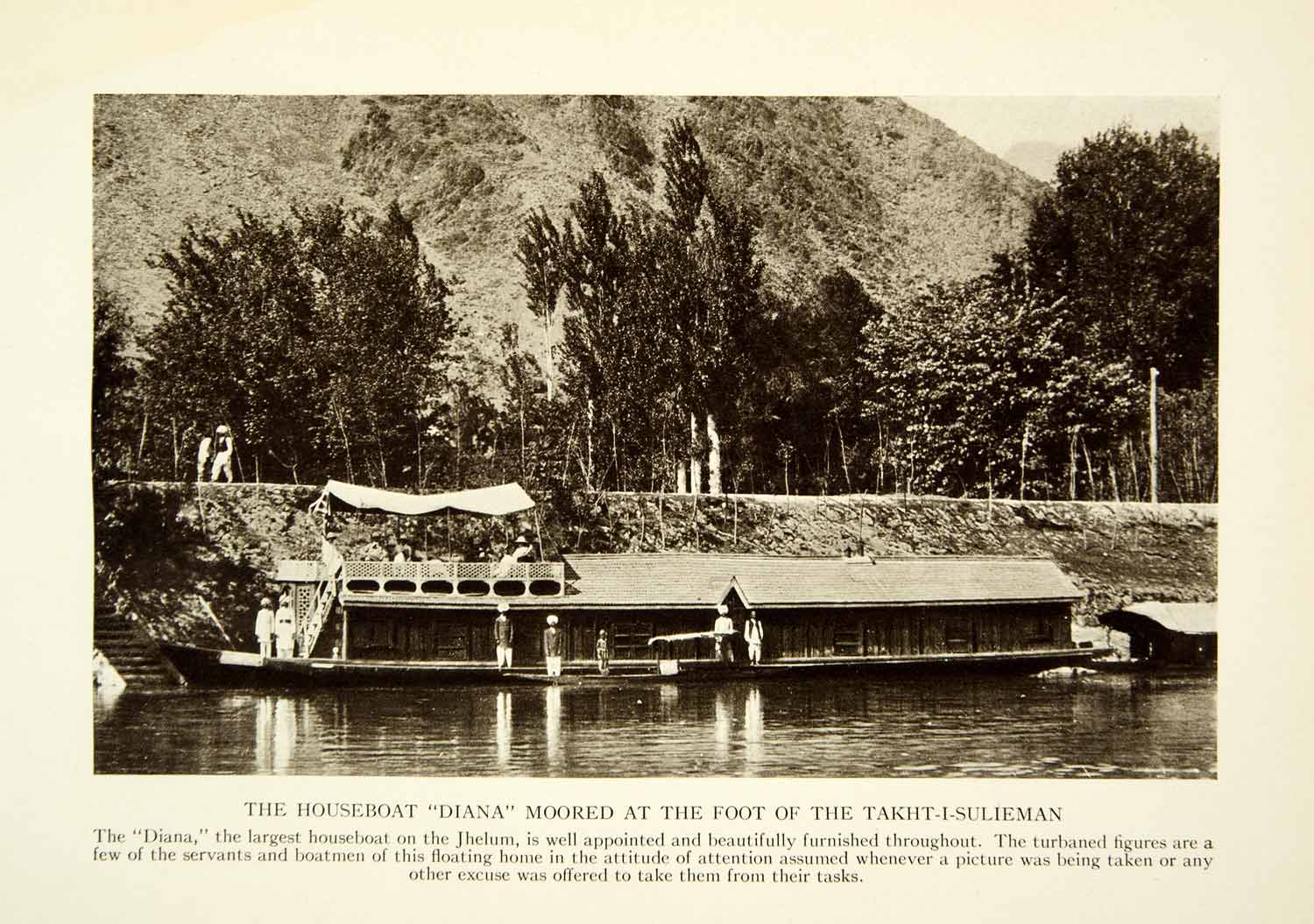 1915 Print Houseboat Diana Takht-i-Sulieman Jhelum River Kashmir XGAF6