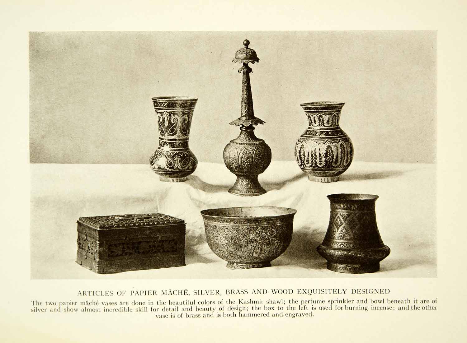 1915 Print Indian Artifact Vase Perfume Kashmir Box Historical Image XGAF6