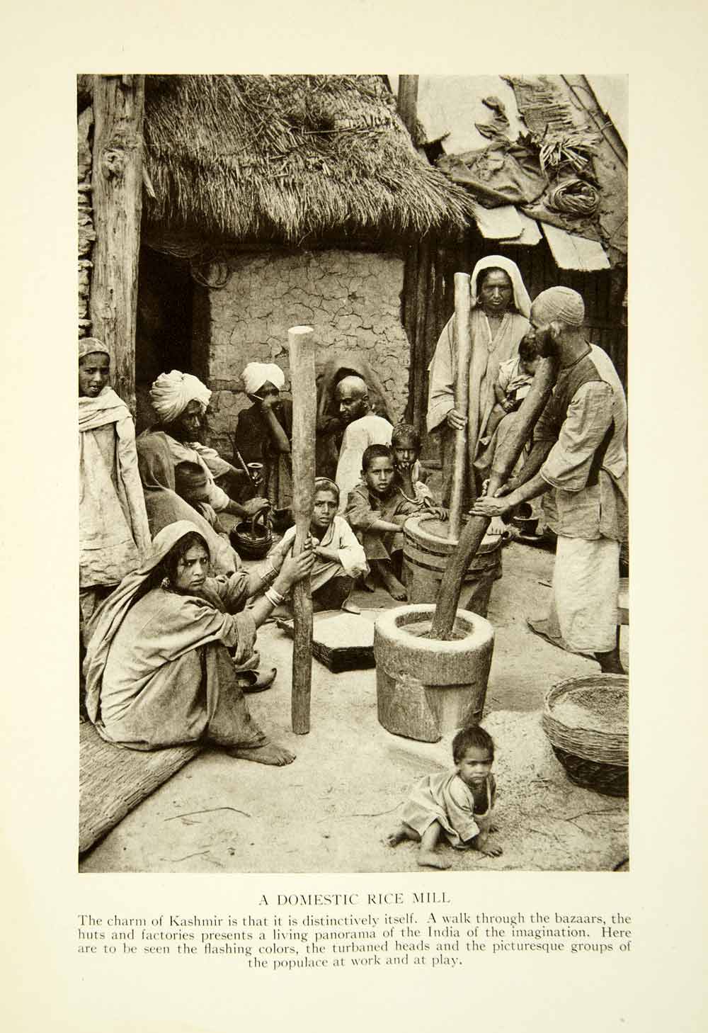 1915 Print Rice Mill Indian Kashmir Baby Pounding Historical Image XGAF6