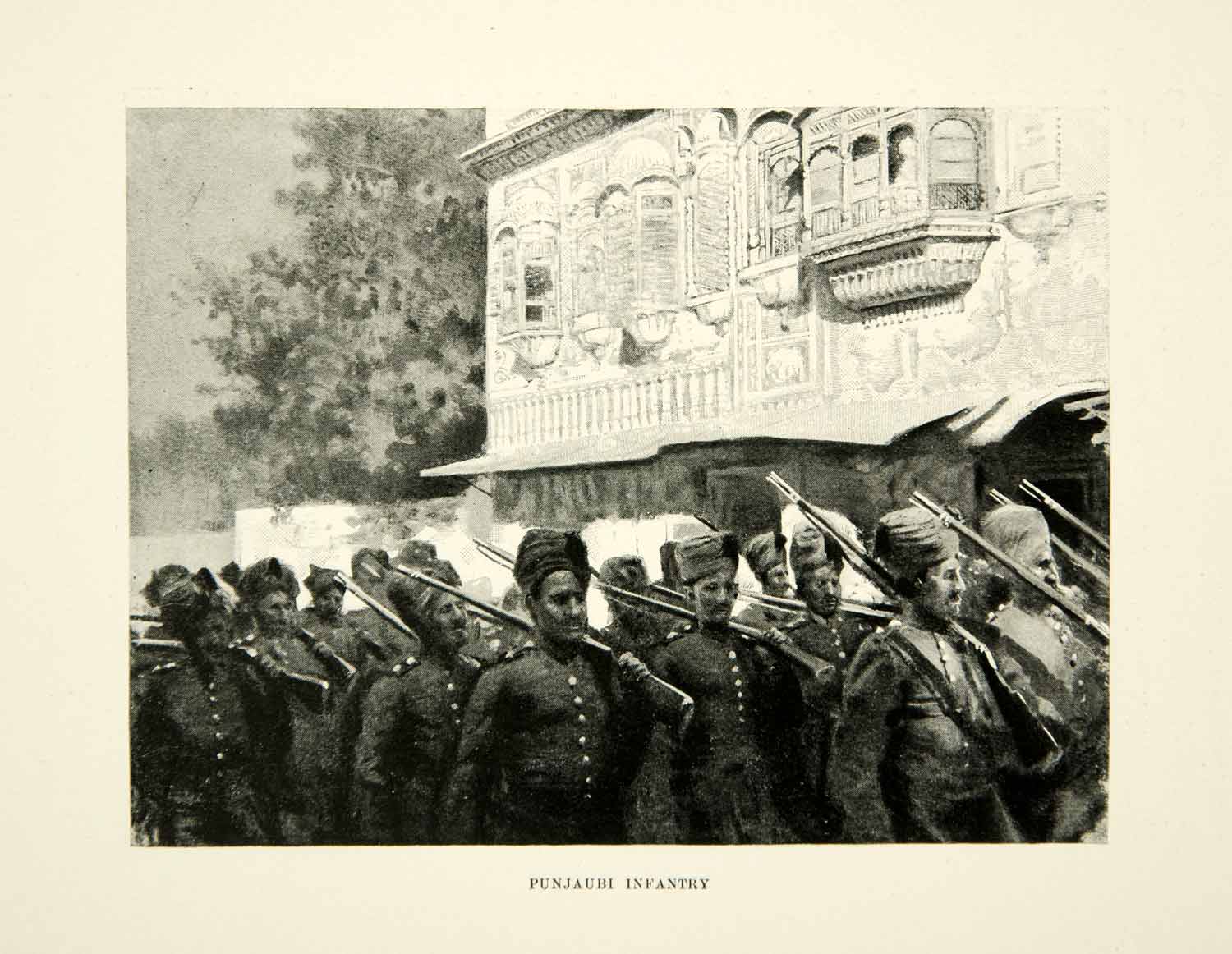 1896 Print Punjaubi Infantry Soldiers Marching Turban Arabian XGAF9