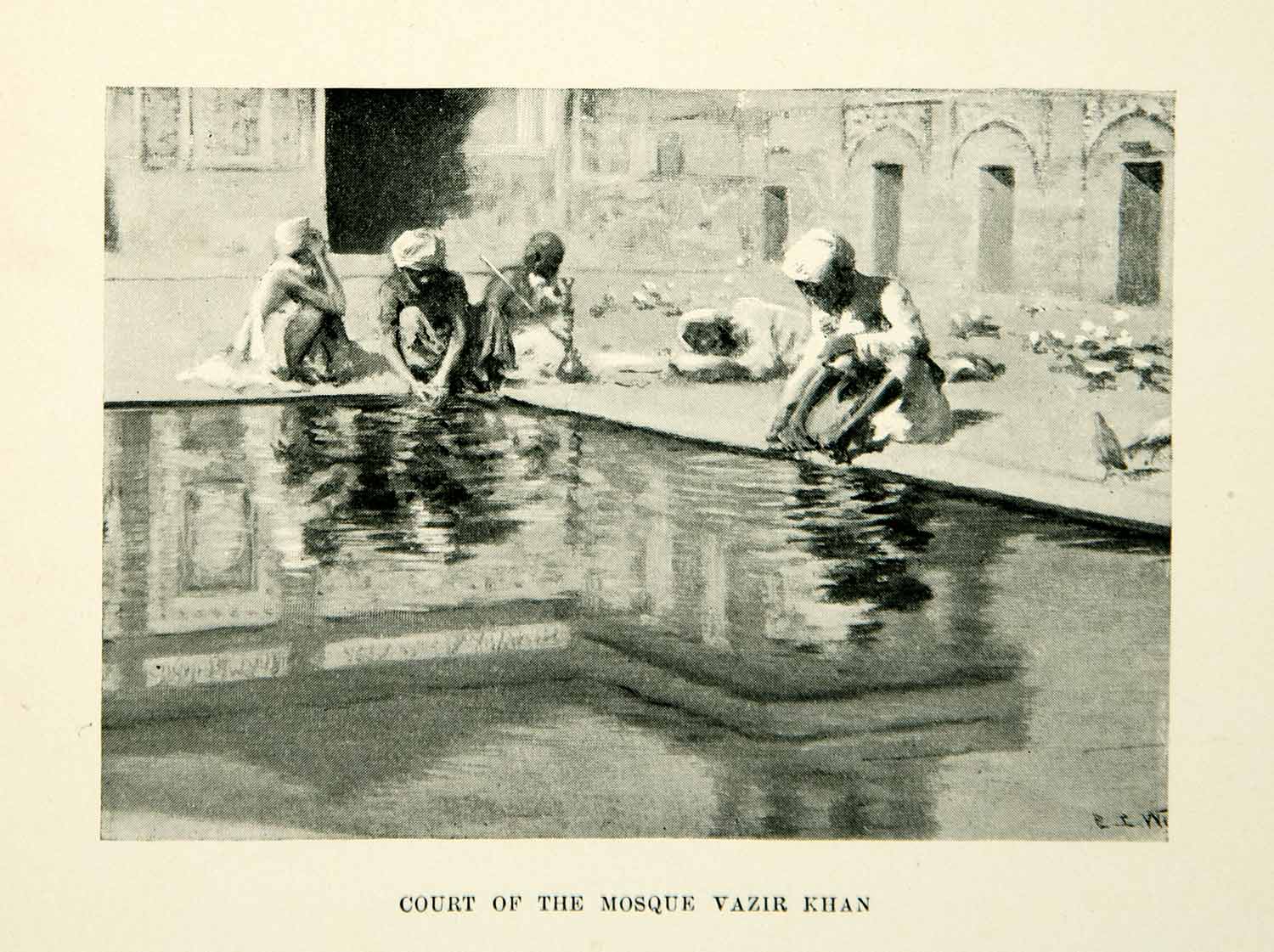 1896 Print Vazir Khan Mosque Court Pool Edwin Lord Weeks Turban Robes XGAF9