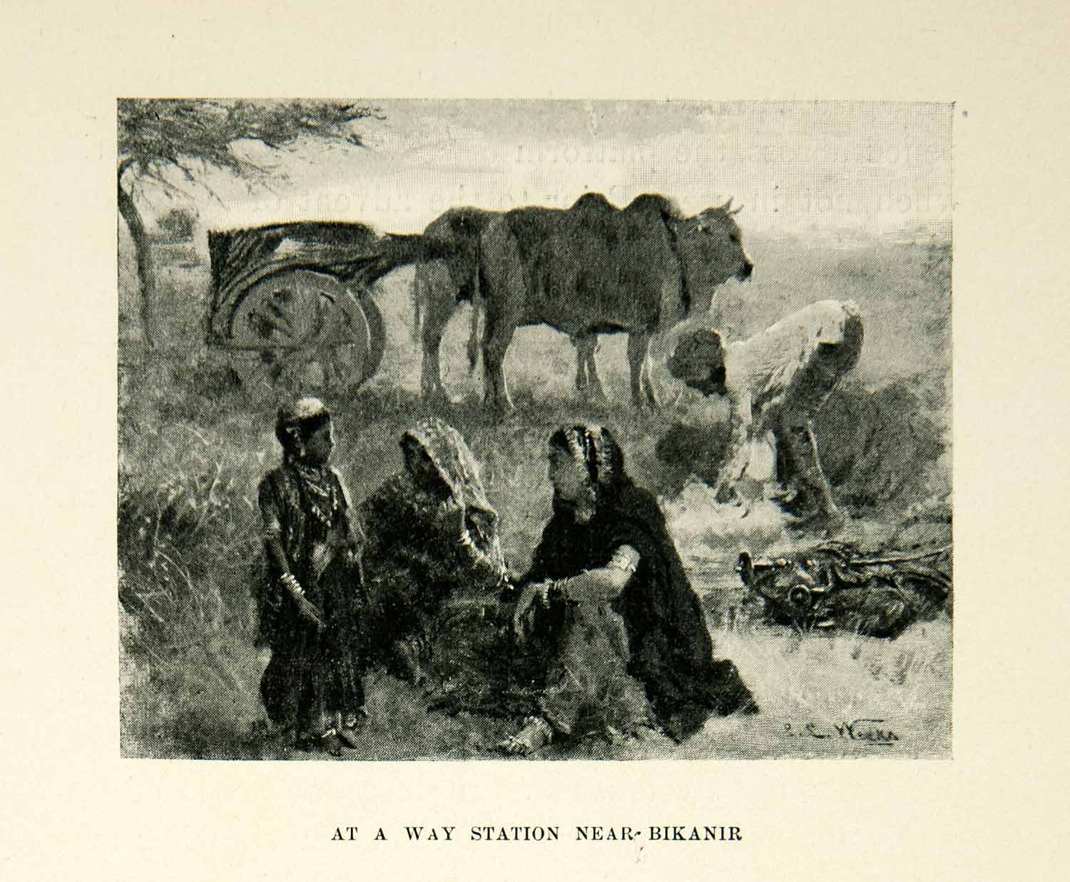 1896 Print Way Station Bakanir India Oxen Cart Rest Edwin Lord Weeks Woman XGAF9