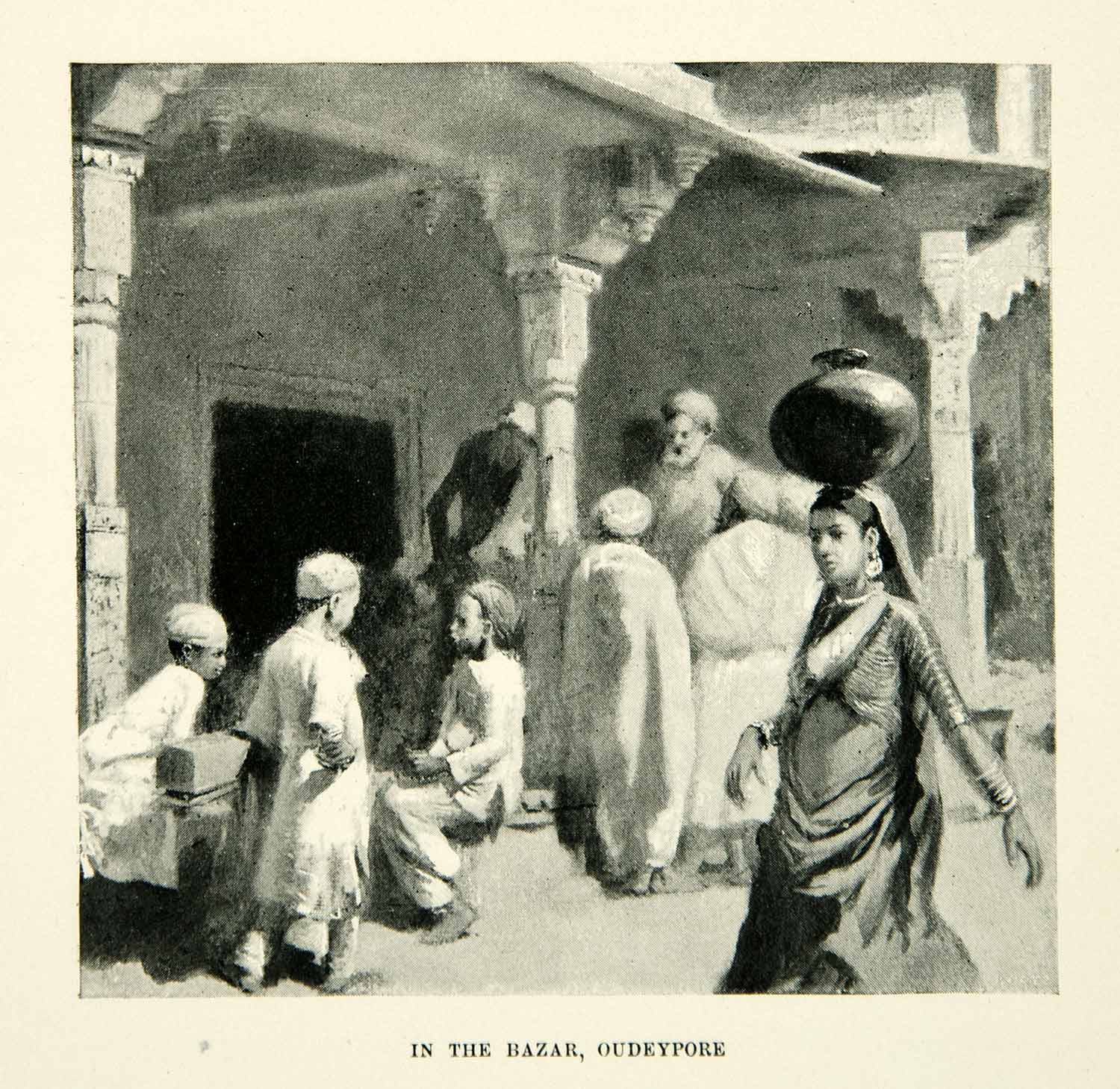 1896 Print Bazaar Oudeypore India Edwin Lord Weeks Turban Robes Market XGAF9