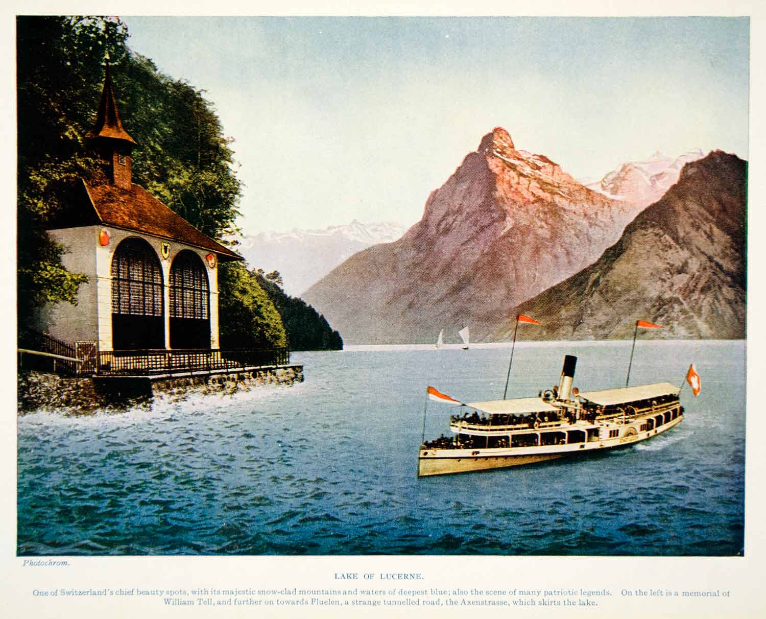 1924 Print Lake Lucerne Switzerland Europe Alps Mountains Passenger Boat XGAG1