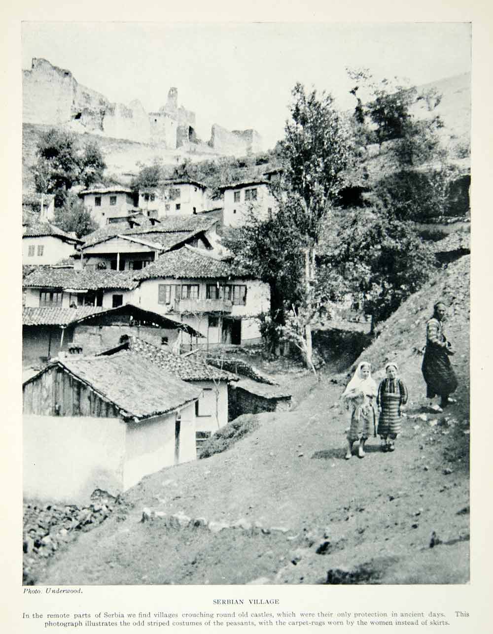 1925 Print Village Serbia Europe Peasants Folk Costume Houses Castle Ruins XGAG2