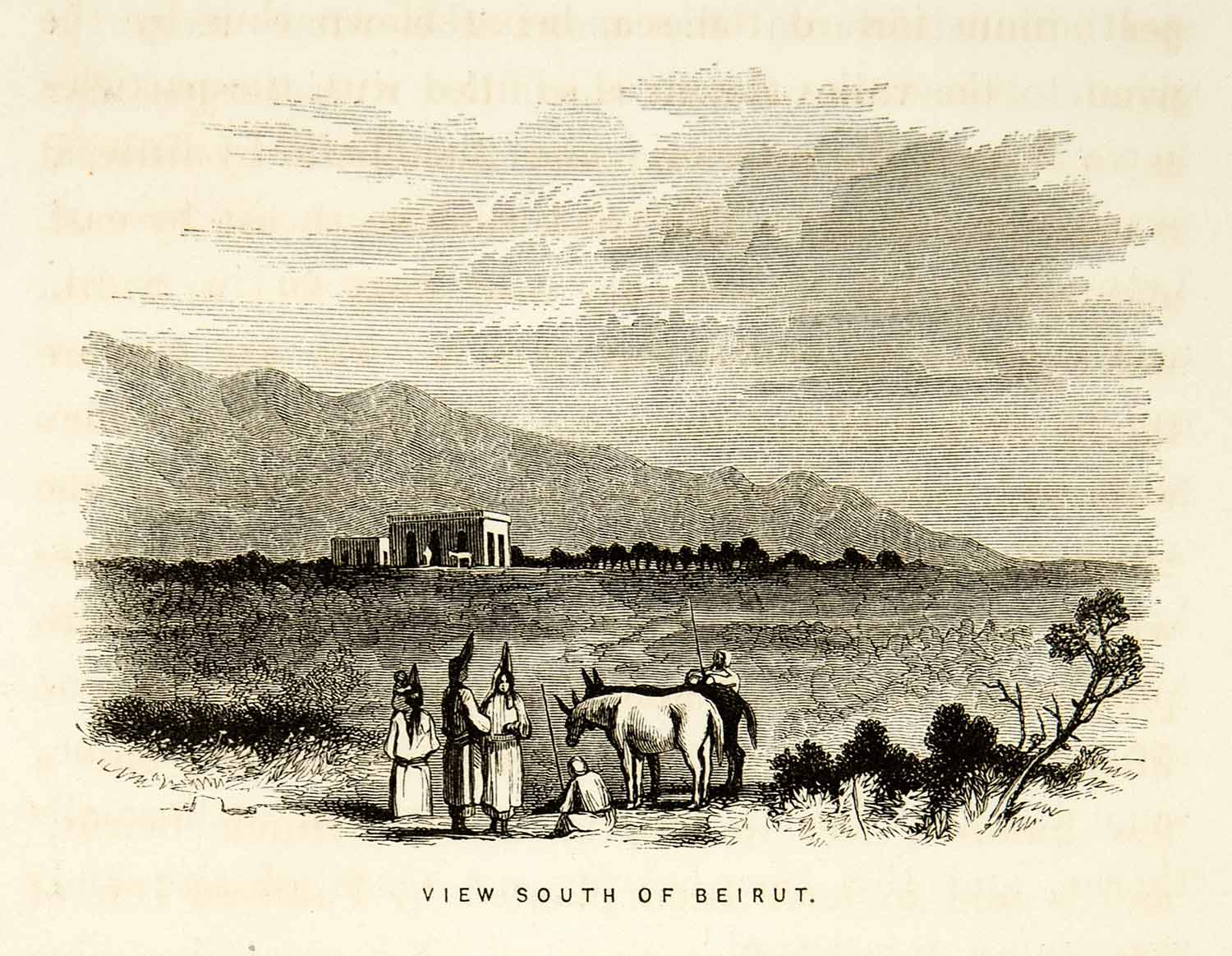 1859 Wood Engraving Beirut Lebanon Landscape Historical Headdress Donkey XGAG3