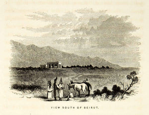 1859 Wood Engraving Beirut Lebanon Landscape Historical Headdress Donkey XGAG3