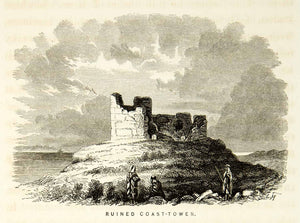 1859 Wood Engraving Coast Watch Tower Native Arab Ruins Archaeological XGAG3