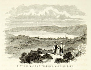 1859 Wood Engraving Lake Tiberias Sea Galilee Kinneret Mountain Town XGAG3