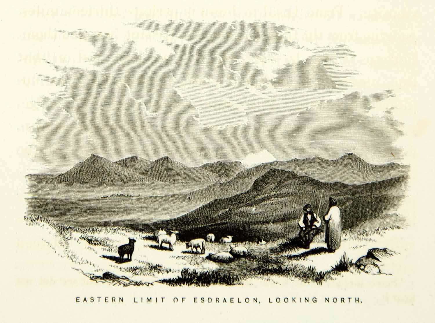 1859 Wood Engraving Jezreel Esdraelon Shepherd Mountain Landscape Sheep XGAG3