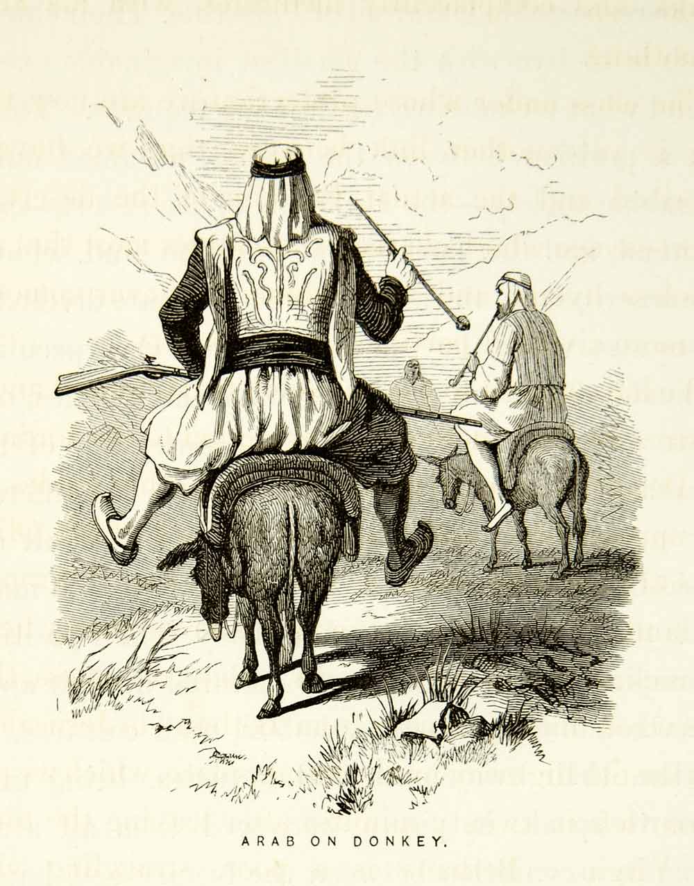 1859 Wood Engraving Arab Donkey Rifle Pipe Costume Transport Middle East XGAG3