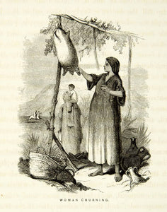 1859 Wood Engraving Woman Churning Milk Skin Butter Traditional Ethnic XGAG3