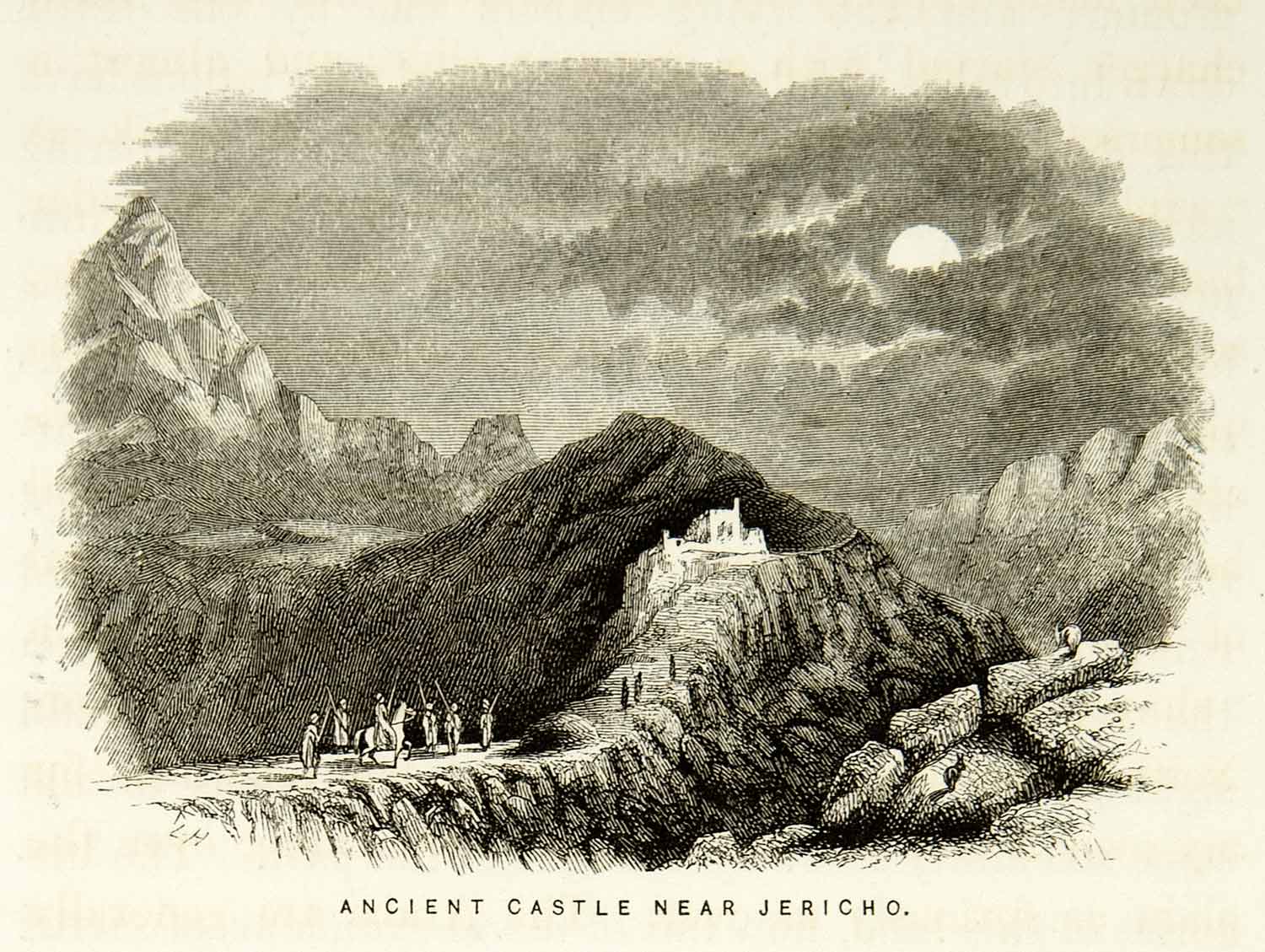 1859 Wood Engraving Castle Jericho Palestine Ruins Mountain Road Landscape XGAG3