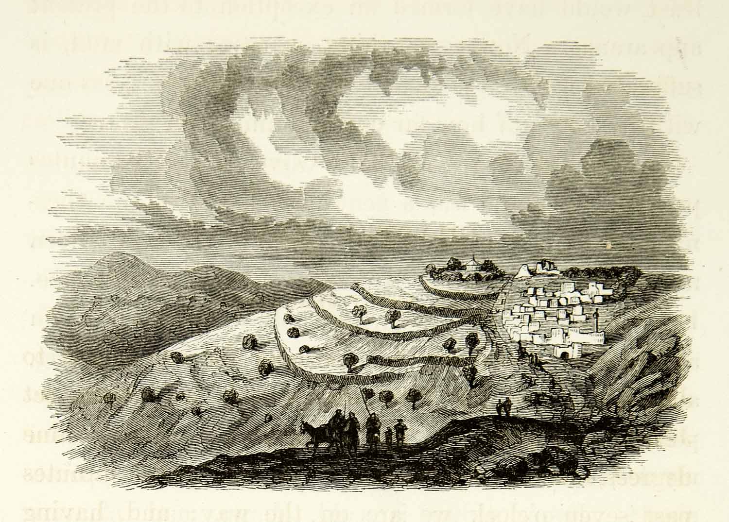 1859 Wood Engraving Bethany al-Eizariya Palestine Mount Olives Landscape XGAG3