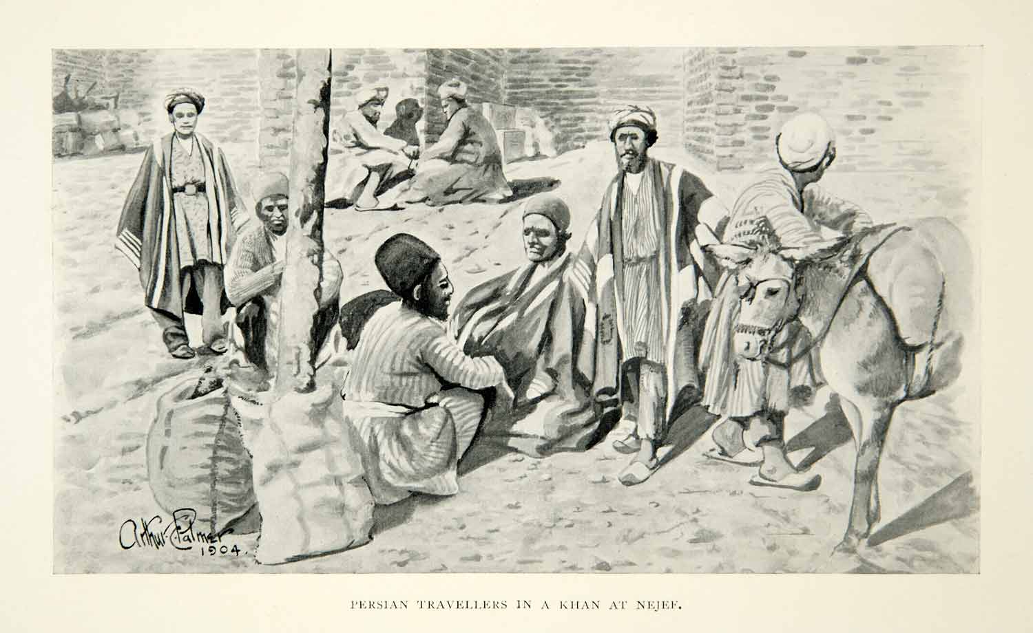 1904 Print Persian Travelers Khan Nefer Egypt Donkey Courtyard Africa XGAG5