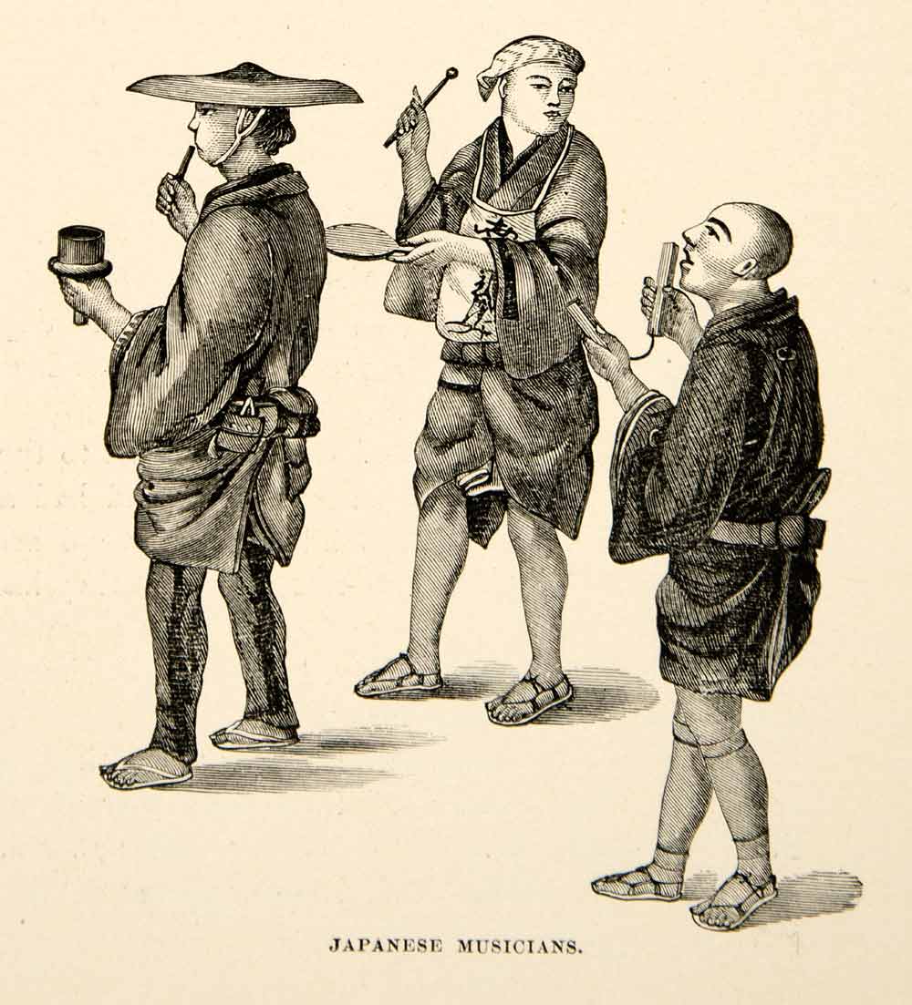 1902 Wood Engraving Japanese Musicians Traditional Costume Peasant Ethnic XGAG7
