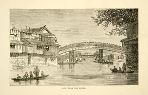 1902 Wood Engraving Osaka Japan Bridge Fishermen Boat River Moon Evening XGAG7