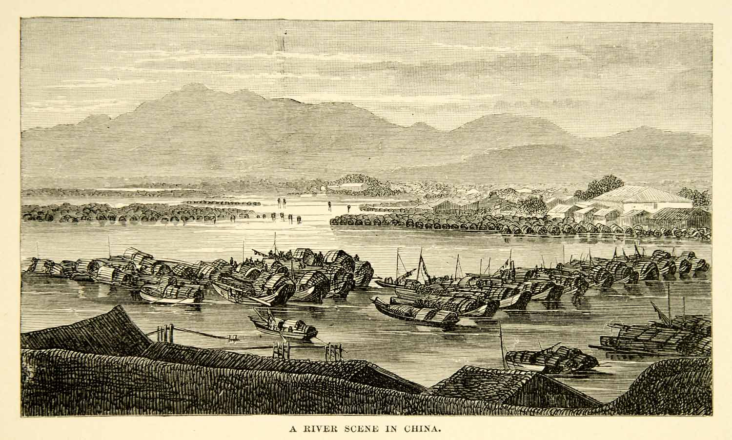 1902 Wood Engraving River Scene China Landscape Mountains Harbor Boats XGAG7