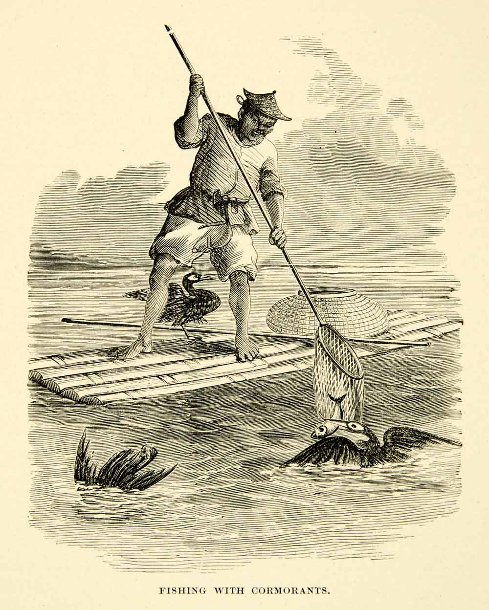 1902 Wood Engraving Fishing Cormorants Net Raft Traditional Chinese Birds XGAG7
