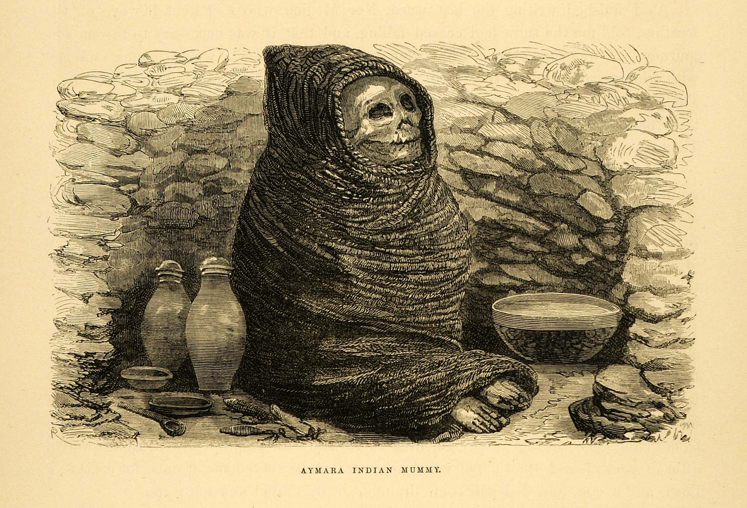 1875 Wood Engraving Mummy Chullpa Sillustani Burial Peru Aymara Tomb Corpse XGB3