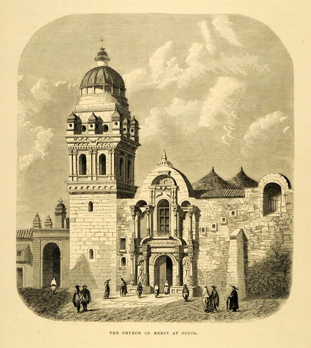 1875 Wood Engraving Cusco Church of Mercy Peru Architecture South America XGB3