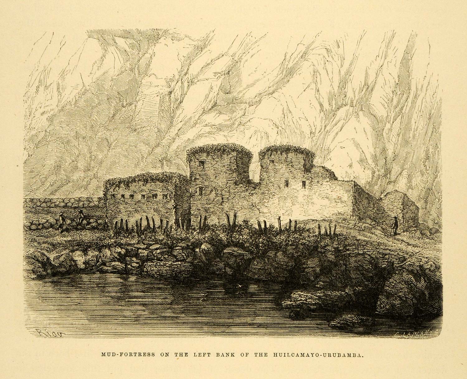 1875 Wood Engraving Huilcamayo Bank Urubamba Town Peru Mud Fortress XGB3