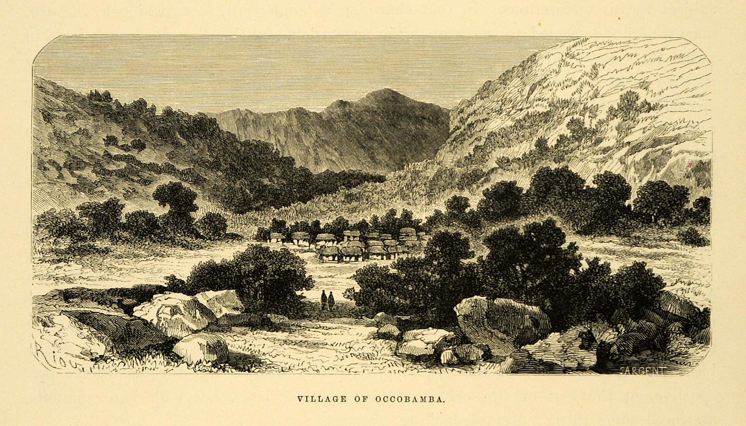1875 Wood Engraving Ocobamba District Village Mountains Landscape Peru XGB3