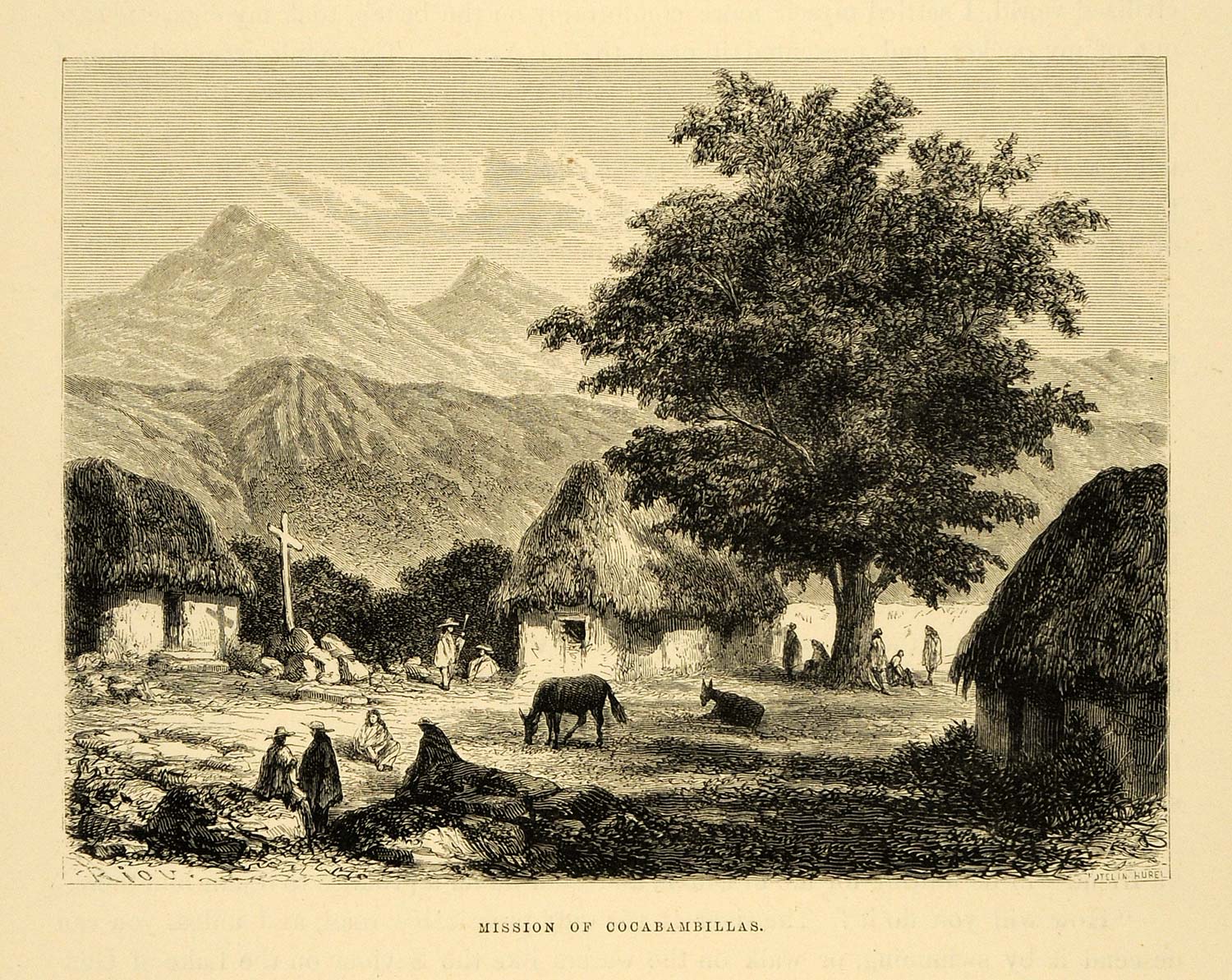 1875 Wood Engraving Cocabambillas Mission Landscape Mountains Tree Hovel XGB3